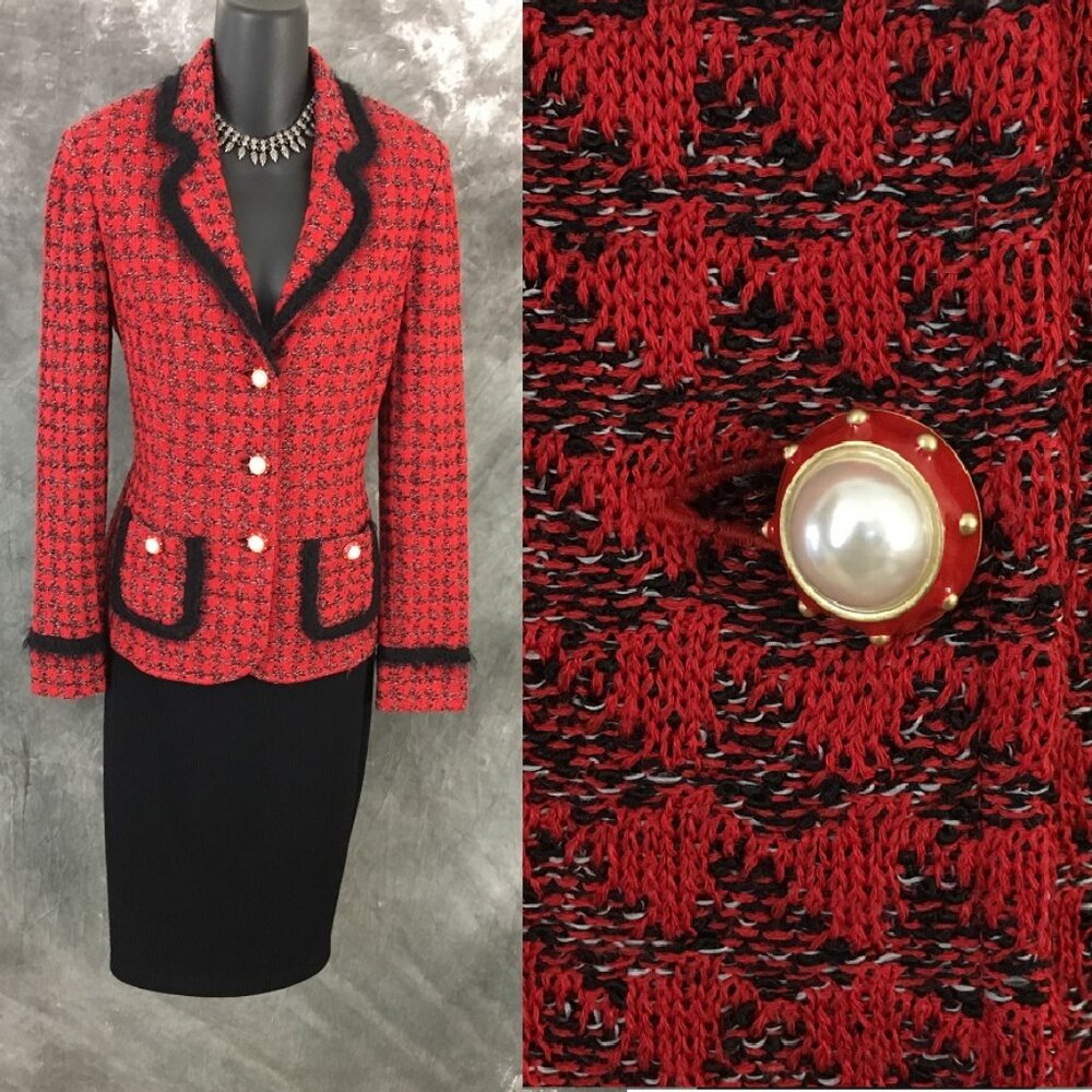 BEAUTIFUL st john collection knit red black pearl jacket skirt suit 4